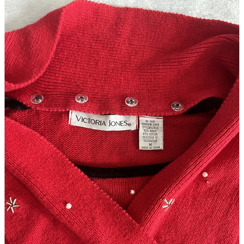 Vtg Victoria Jones Red Christmas Sweater M Beaded Embroidered Festive Scarf - Picture 8 of 14
